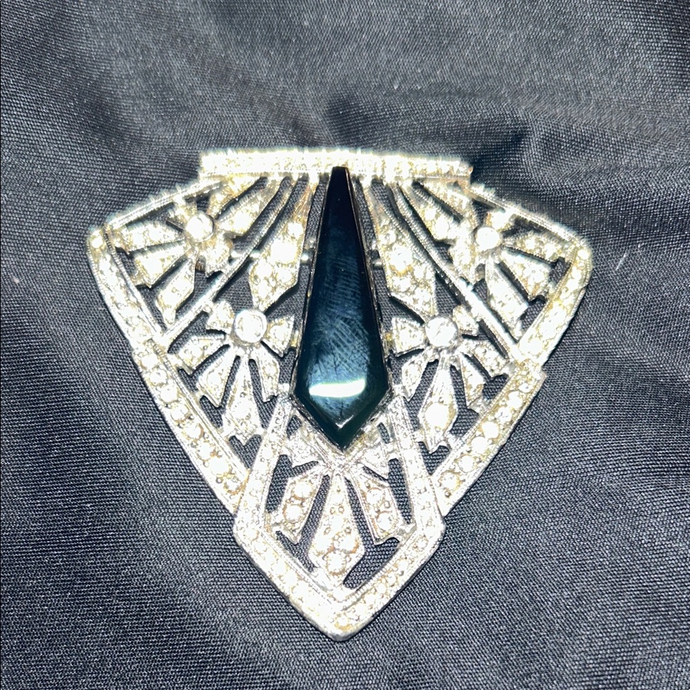 Vintage LES BERNARD INC Signed Black and Rhinestones Brooch